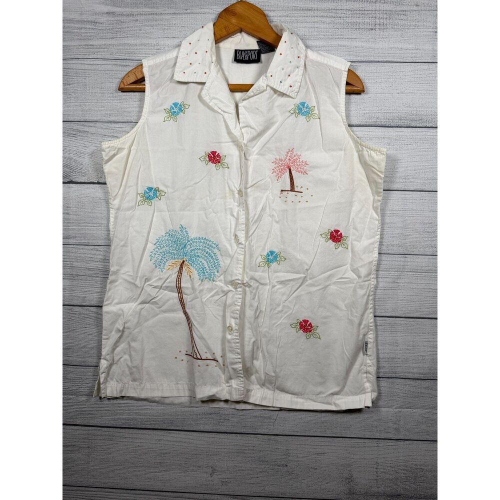 Vintage Blassport Women's Large White Embroidered Palm Tree Sleeveless Top 1224